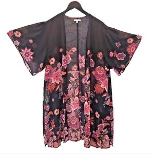 Maurices Black Floral Sheer Kimono Open Front Beach Cover-up Vintage Boho Duster